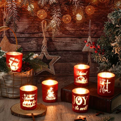 Mumufy Set of 6 Christmas Nativity Votive Candle Holders with 10 Candles Advent Tealight Holders Red Christmas Glass Centerpiece for Xmas Table Decoration Home Party Wedding