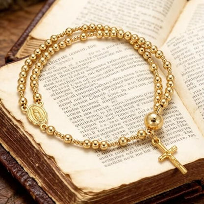 Cross Rosary Bracelet for Women Handcrafted Crystal Virgin Mary Cross Beaded Bracelets Christian Faith Link Bracelets Crucifix Religious Christian Faith Jewelry - color: Gold