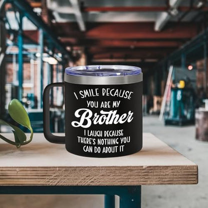 14 Oz Tumbler for Brother – Christmas, Birthday Present from Sister or Brother, Funny Drinkware for Him - color: Brother Smile