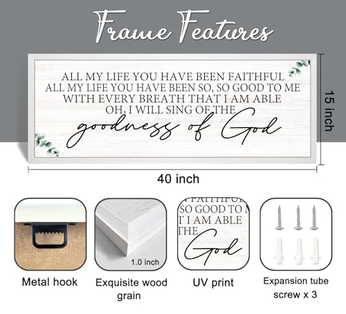 Goodness of God Framed Wall Art, 40''×15'' Positive Religious Long Natural Bible Verse for Christian God Jesus Christ Prayer, Vintage Rustic Holy Catholic Scripture Decor White - color: White Frame, style: Goodness of God
