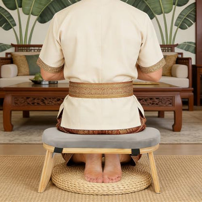 Meditation Bench, Foldable Kneeling Meditation Bench, Bamboo Stool, Gray