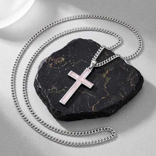MRENITE Silver Natural Stone Cross Necklace, Classic Latin Cross Pendant Necklace for Unisex Women Man, Vintage Crystal Quartz Cross Necklace with 20+2 Inches Adjustable Cuban Chain - style: Rose Quartz