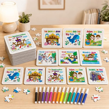 Cinrobiye 24 PCS Bible Story Jigsaw Puzzle Craft Kit, Christian Bible Activity Puzzles for Sunday School, Church Activities, Bible Study, Religious Education and Group Activities - color: Religious