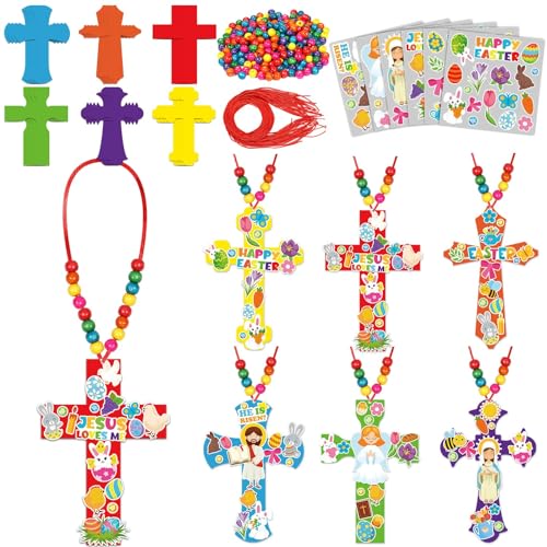 Qyeahkj 30 Set Vbs Christian Cross Necklace Craft Sunday School Cross Craft Kit for Kids DIY Religious Bible Vbs Sticker Ornament Arts Bulk Activities Decor for Church Classroom Party Supplies