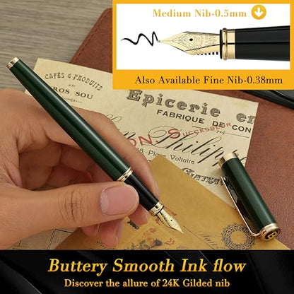 BEILUNER Racing Green Fountain Pen,Stunning Luxury Pens with 24K Gold Finish, Gorgeous 24K Gilded Nib(Medium), Fancy Pen Gift for Men&Women -Ink Converter-Christmas, Office,Fancy,Nice Pen for Writing - color: Green and Gold Finish, style: Medium Nib
