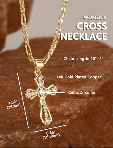 14K Gold Plated Cross Necklace for Women, Cubic Zirconia Copper Cross Pendant, Valentine Mother's Day Gifts for Her with Jewelry Box Figaro Link Chain, Alloy Infinity CZ Diamond Bridal Wedding - color: Gold