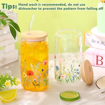 Sliner 2 Pcs Wildflower Glass Drinking Cups with Lid Straw, 16 oz - color: Fresh Colors, size: Wildflower