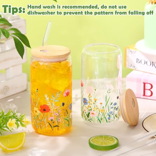 Sliner 2 Pcs Wildflower Glass Drinking Cups with Lid Straw, 16 oz - color: Fresh Colors, size: Wildflower
