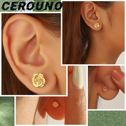 CEROUNO Flat Back Stud Earrings - 925 Sterling Silver Post Flatback Earrings Gold Silver Cubic Zirconia Earrings Studs for Women - color: Gold Flower