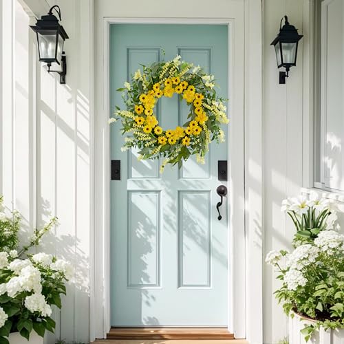 Spring Wreath 22 Inch Spring Wreaths for Front Door Artificial Summer Wreath with Yellow Daisy Green Eucalyptus Leaves Lavender for Home Wall Farmhouse Porch Springtime Easter Holiday - color: Yellow