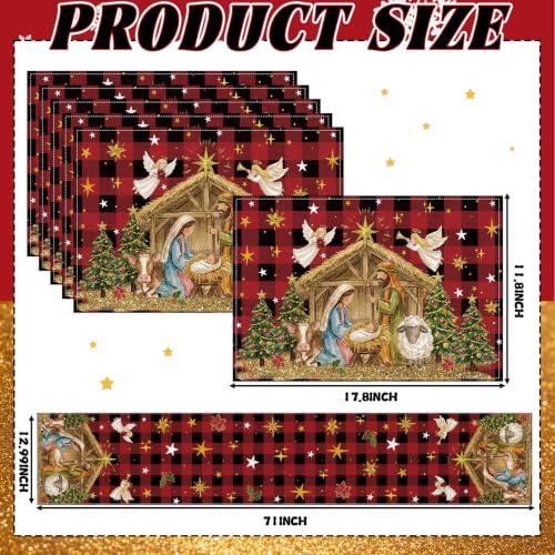 Patelai 7 Pcs Christmas Nativity Table Runner and Placemats Set, Serve 6 - color: Red Yellow, style: Nativity