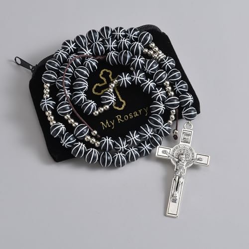 Basketball Bead Sports Necklace Catholic Rosary with Crucifix Cross Pendant Baptism Birthday Gift for Men Boys in Customized Velvet Bag - color: Black