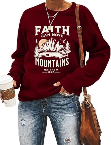 Faith Can Move Mountains Sweatshirt for Women Christian Crewneck Pullover - color: Red, size: X-Large