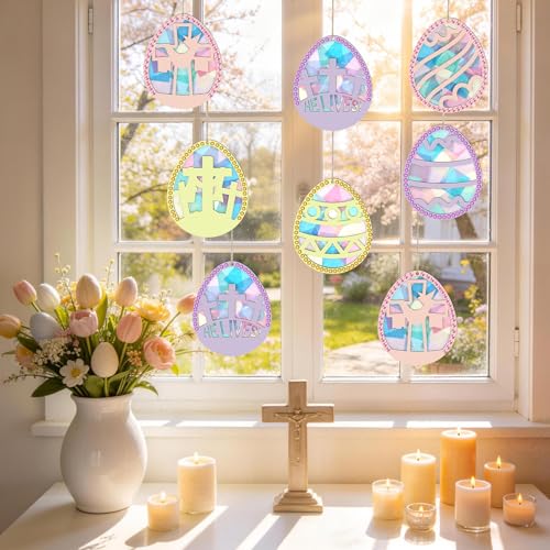 24 Sets Easter Eggs Suncatchers Craft, DIY Religious Easter Wooden Egg Hanging Decorations Kit for Christian Sunday School Activities Project Spring Classroom Party Favors Supplies