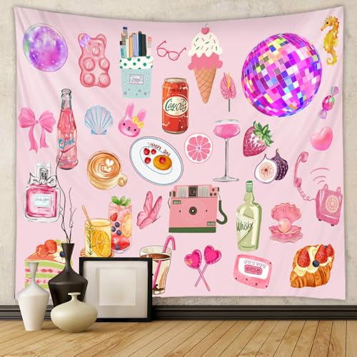 Jhdstore Pink Coquette Tapestry Wall Hanging Aesthetic Cute Y2K Tapestry for Bedroom Decor Elegant Vintage Girls Room Decor Wall Art Posters for Bedroom Living Room Dorm Decor 51” x 59” - color: Aesthetic Pink, size: 59"L x 51"W