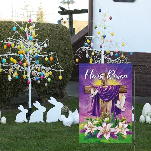 He is Risen Easter Garden Flag 12x18 Inch Double Sided Burlap, Christian Religious Easter Cross Lily Flower White Dove Yard Sign Spring Holiday Outdoor Decoration