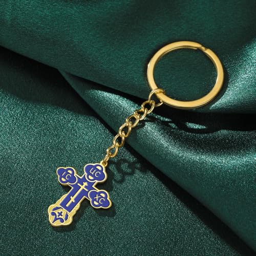 TEAMER Cross Keychain Russian Orthodox Crucifix Eastern Church Keychain Religious Christian Prayer Jewelry for Men Women - color: Blue Gold