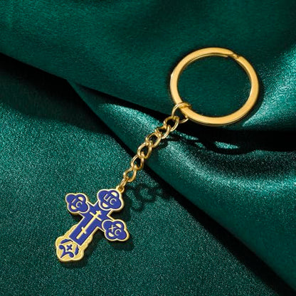 TEAMER Cross Keychain Russian Orthodox Crucifix Eastern Church Keychain Religious Christian Prayer Jewelry for Men Women - color: Blue Gold