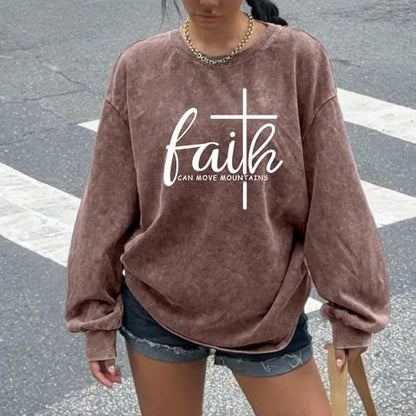 Christian Shirts for Women Faith Can Move Mountains Acid Wash Shirt Jesus Religious Bible Verse Long Sleeve Top - color: Coffee, size: Small