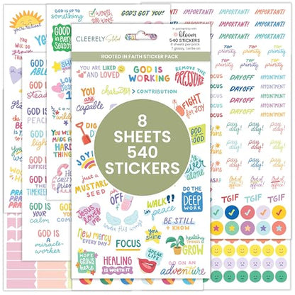 bloom daily planners x Cleerely Stated Rooted in Faith Sticker Pack - 8 Sheets /540 Stickers - Christian Planner Stickers for Journaling, Religious Encouragement, Bible Study, Prayer & Devotionals - color: Bright