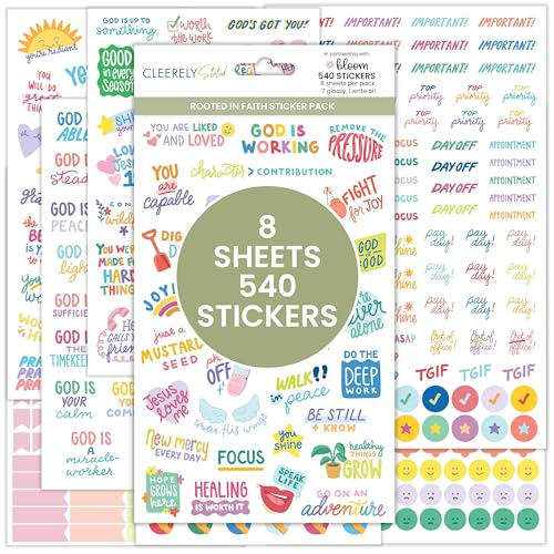 bloom daily planners x Cleerely Stated Rooted in Faith Sticker Pack - 8 Sheets /540 Stickers - Christian Planner Stickers for Journaling, Religious Encouragement, Bible Study, Prayer & Devotionals - color: Bright