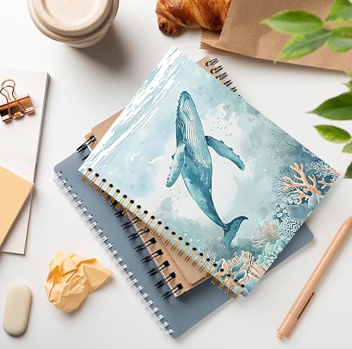 GDJIEGBC Teal Whale Ocean Beach Notebook, Coastal Beachy Journal for Women, Beach Themed Gifts, Marine Biology Gifts, Watercolor Whale Marine Life Spiral Notebook Journal 5.5x8.3 - color: Color 03