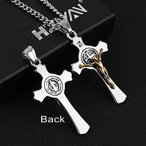 HZMAN Stainless Steel St. Benedict Crucifix Cross Necklace for Men - color: Standard Gold & Silver