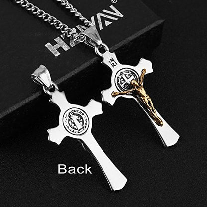 HZMAN Stainless Steel St. Benedict Crucifix Cross Necklace for Men - color: Standard Gold & Silver