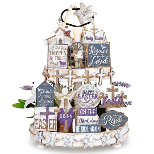 Amyhill 29 Pcs Religious Easter Tiered Tray Decor Christian Easter Decorations He is Risen Cross Lily Purple Wooden Signs Rustic Farmhouse Spring Table Decor for Home Kitchen Shelf - style: Purple Easter