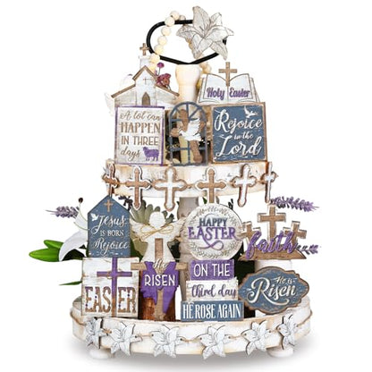 Amyhill 29 Pcs Religious Easter Tiered Tray Decor Christian Easter Decorations He is Risen Cross Lily Purple Wooden Signs Rustic Farmhouse Spring Table Decor for Home Kitchen Shelf - style: Purple Easter