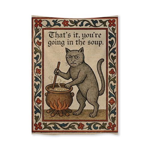 FoxUncle Weird Medieval Cat Tapestry Vintage Medieval Cat Aesthetic Wall Art Funny Quirky Animal Wall Decor 60 x 80 inches Home Decor for Living Room Hallway Bedroom - color: White, size: 80"L x 60"W