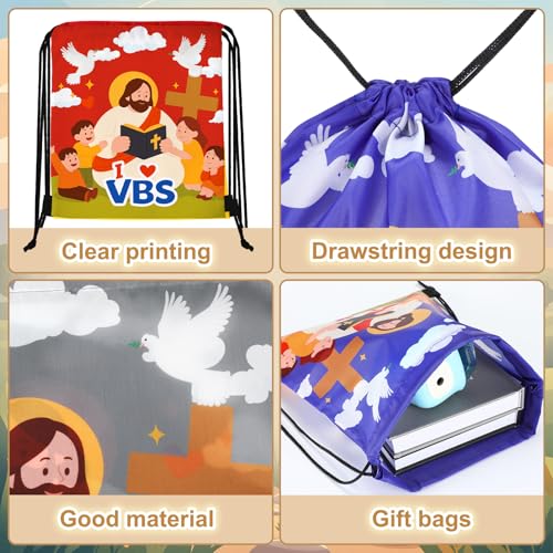 24 Pack I Love VBS Drawstring Bags Bulk Christian Theme Cinch Sack Backpack with Jesus Print Gift Bag for Church Events Vacation Bible School Gifts and Party Favor for Teacher School VBS