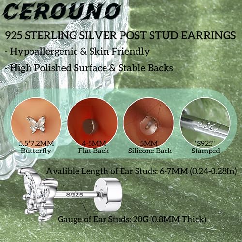 CEROUNO Flat Back Stud Earrings - 925 Sterling Silver Post Flatback Earrings Gold Silver Cubic Zirconia Earrings Studs for Women - color: Silver Butterfly