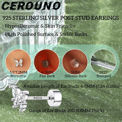 CEROUNO Flat Back Stud Earrings - 925 Sterling Silver Post Flatback Earrings Gold Silver Cubic Zirconia Earrings Studs for Women - color: Silver Butterfly