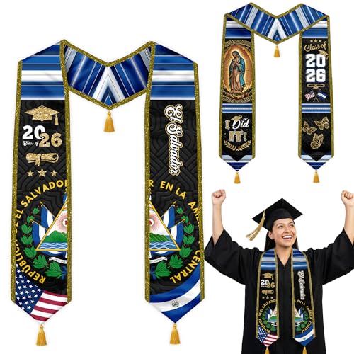 Graduation Stole Class of 2026 Reversible Sash with Gold Glitter Trim and Tassels V-Neck 72 Inch Satin - color: El Salvador & America