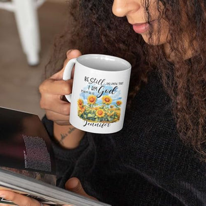 Custom Bible Verse Mug With Name, Religious Coffee Mug For Women, Personalized Christian Ceramic Cup, Accent Mug 11Oz Or 15Oz, Customized Sunflower Design Mug, Gift For Birthday - color: TRI-1223-1146-KNOW THAT I AM GOD MUG