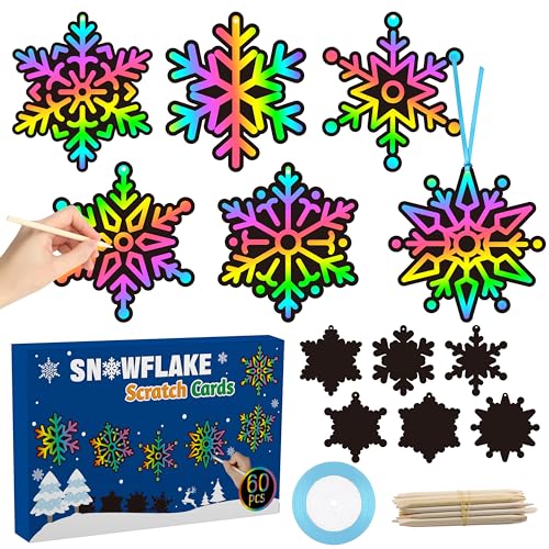 CY2SIDE 60PCS Snowflake Color Scratch Cards, Winter Snowflake Hanging Scratch Cards, Snowflake Magic Art Rainbow Color Paper Ornaments for Winter Christmas Party Supplies - style: Snowflake