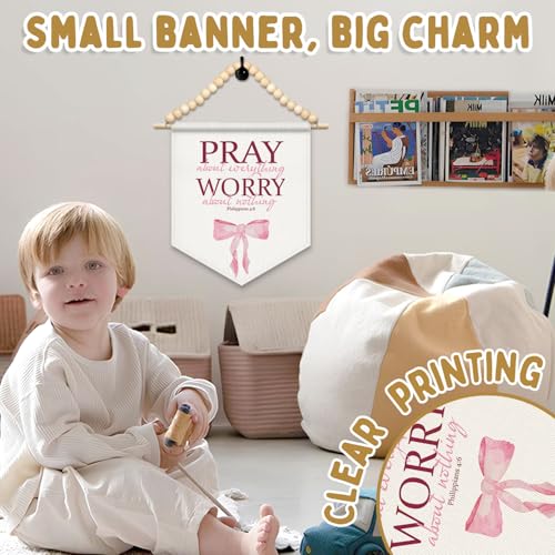 FLVGE Coquette Pink Bow Christian Wall Art Decor, Pray About Everything Wooden Canvas Banner, Boho Wood Beads Bible Verses Bow Wall Art Decor Hanging Pennant Flag for Dorm,11x14 - color: 01-Pink Bible(02)