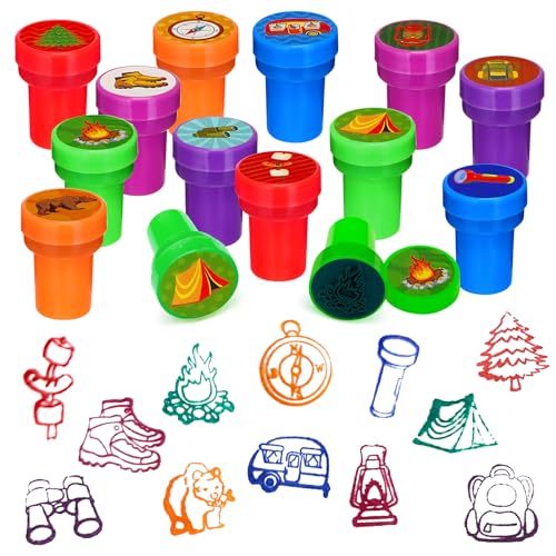 Cinrobiye 24 Pcs Camper Stampers Party Favor Set, Cute Camping Adventure Stamps for Kids Birthday Party, Classroom Rewards, Goody Bag Fillers, Outdoor Camping Themed Party Supplies - color: Camper