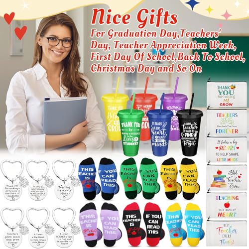 Funnymoom 24 Pcs Teacher Appreciation Gift from Students 2026 End of Year Thank You Gifts Bulk 24 oz Plastic Tumbler Cup Makeup Cosmetic Bag Crew Sock Keychain for Retirement - style: Vibrant