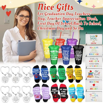 Funnymoom 24 Pcs Teacher Appreciation Gift from Students 2026 End of Year Thank You Gifts Bulk 24 oz Plastic Tumbler Cup Makeup Cosmetic Bag Crew Sock Keychain for Retirement - style: Vibrant