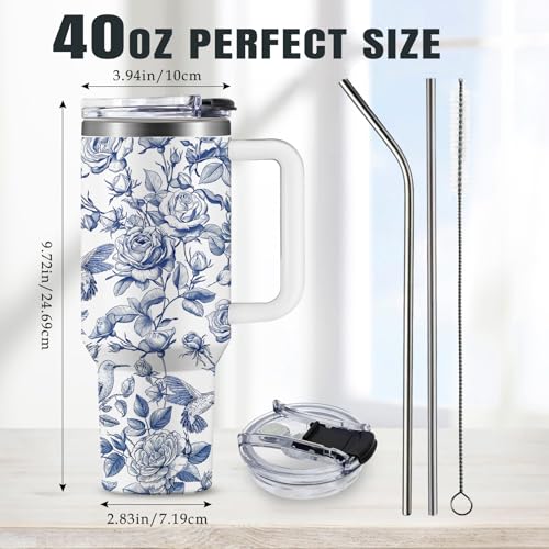 Christian Gifts for Women 40oz Tumbler - Insulated Travel Mug with Handle (Blue Floral1, 40 Ounces) - color: Blue Floral1
