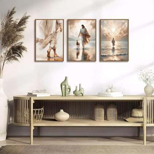 Jesus Walking on Water Framed Wall Art Set of 3 16x24 - color: Jesus-2, size: 16x24in