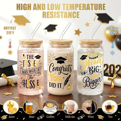Glass Cups with Lids and Straws, 4Pack, 16oz, Graduation - color: Graduation