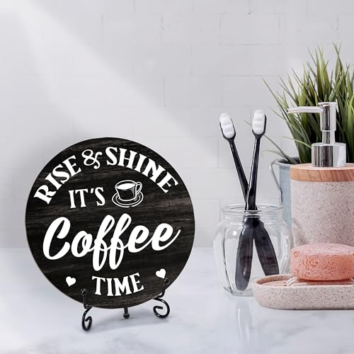 Coffee Themed Decorative Sign, Round Wooden Plaque, 6 Inches, It's Rise & Shine Coffee Time - color: Rise & Shine It‘s Coffee Time