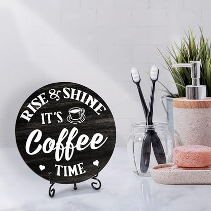 Coffee Themed Decorative Sign, Round Wooden Plaque, 6 Inches, It's Rise & Shine Coffee Time - color: Rise & Shine It‘s Coffee Time