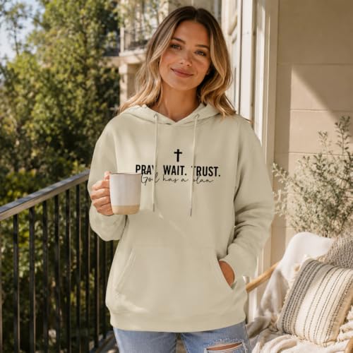Wrenpies Christian Faith Hoodie for Women Jesus God Religious Bible Verse Hoodies Cross Pray Wait Trust Graphic Sweatshirt - color: Apricot, size: X-Large