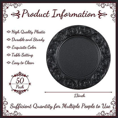 Uiifan 50 Pcs Black Charger Plates Bulk 13'' Antique Plastic Chargers - color: Black