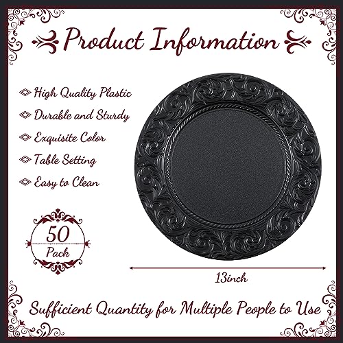 Uiifan 50 Pcs Black Charger Plates Bulk 13'' Antique Plastic Chargers - color: Black