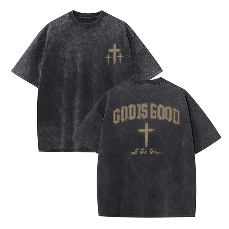 Eatbook Christian Shirts for Men Women Jesus Faith Oversized Acid Wash Tops - color: Darkgray God, size: Small